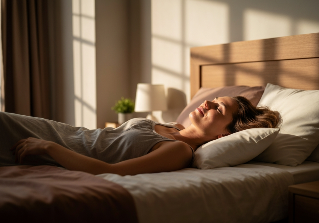 Kobieta w łóżku o spokojnym wyrazie twarzy w naturalnym świetle poranka w przytulnym wnętrzu